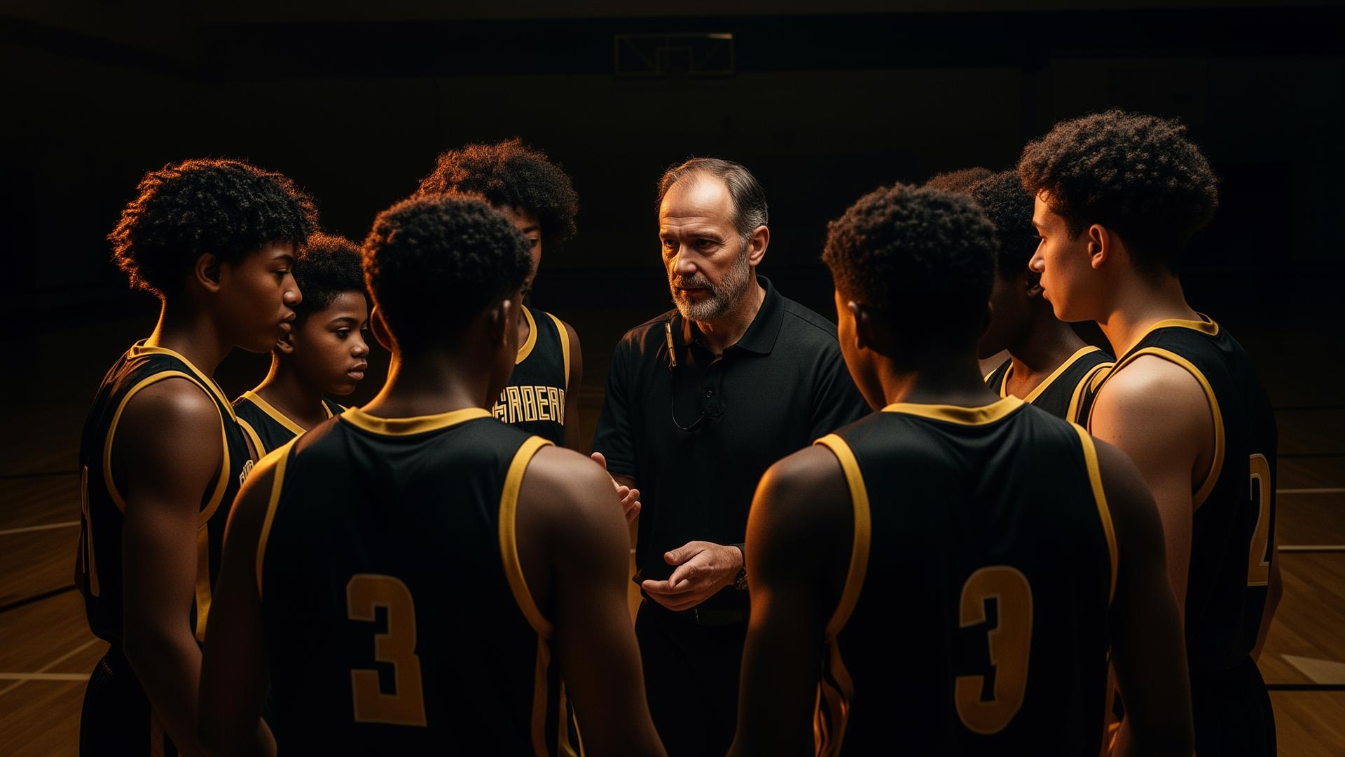 Coach huddled with young athletes in a gym