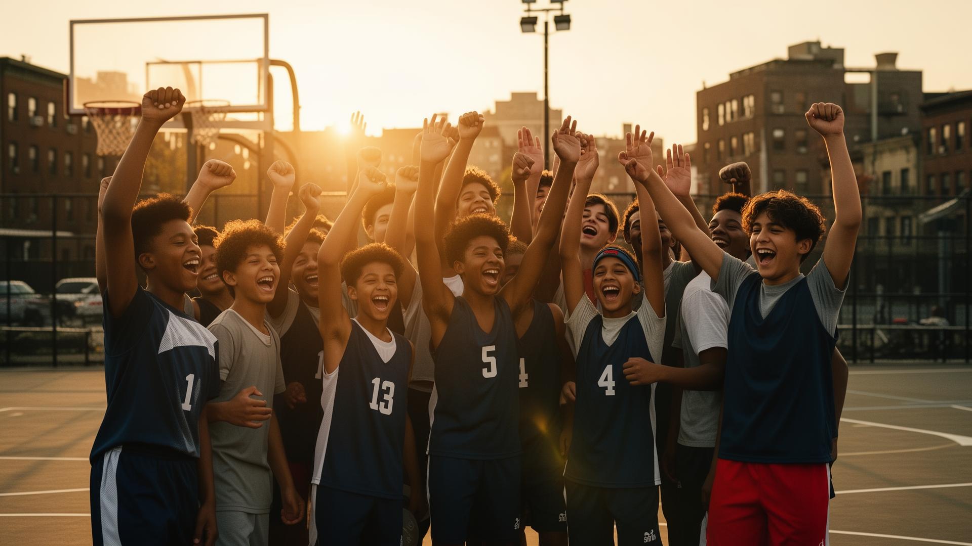Youth basketball team celebrating together