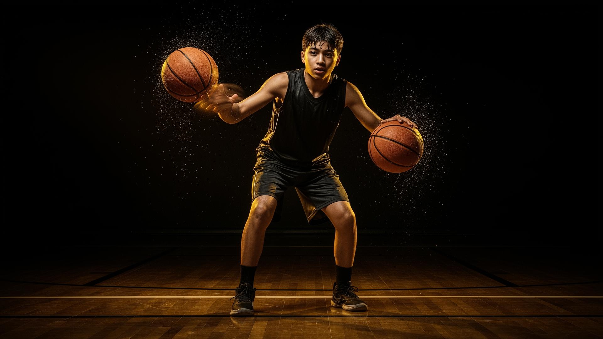 Basketball player dribbling intensely in dramatic spotlight